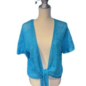 Alfred Dunner Short Sleeve Blue Open Cardigan Sweater Knit Tie-Front Size Large